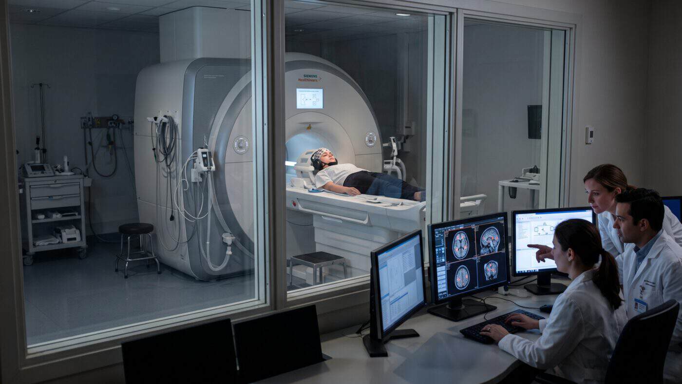 Researchers monitor a participant undergoing brain imaging while studying human brain signals
