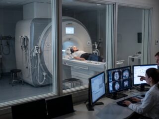 Researchers monitor a participant undergoing brain imaging while studying human brain signals