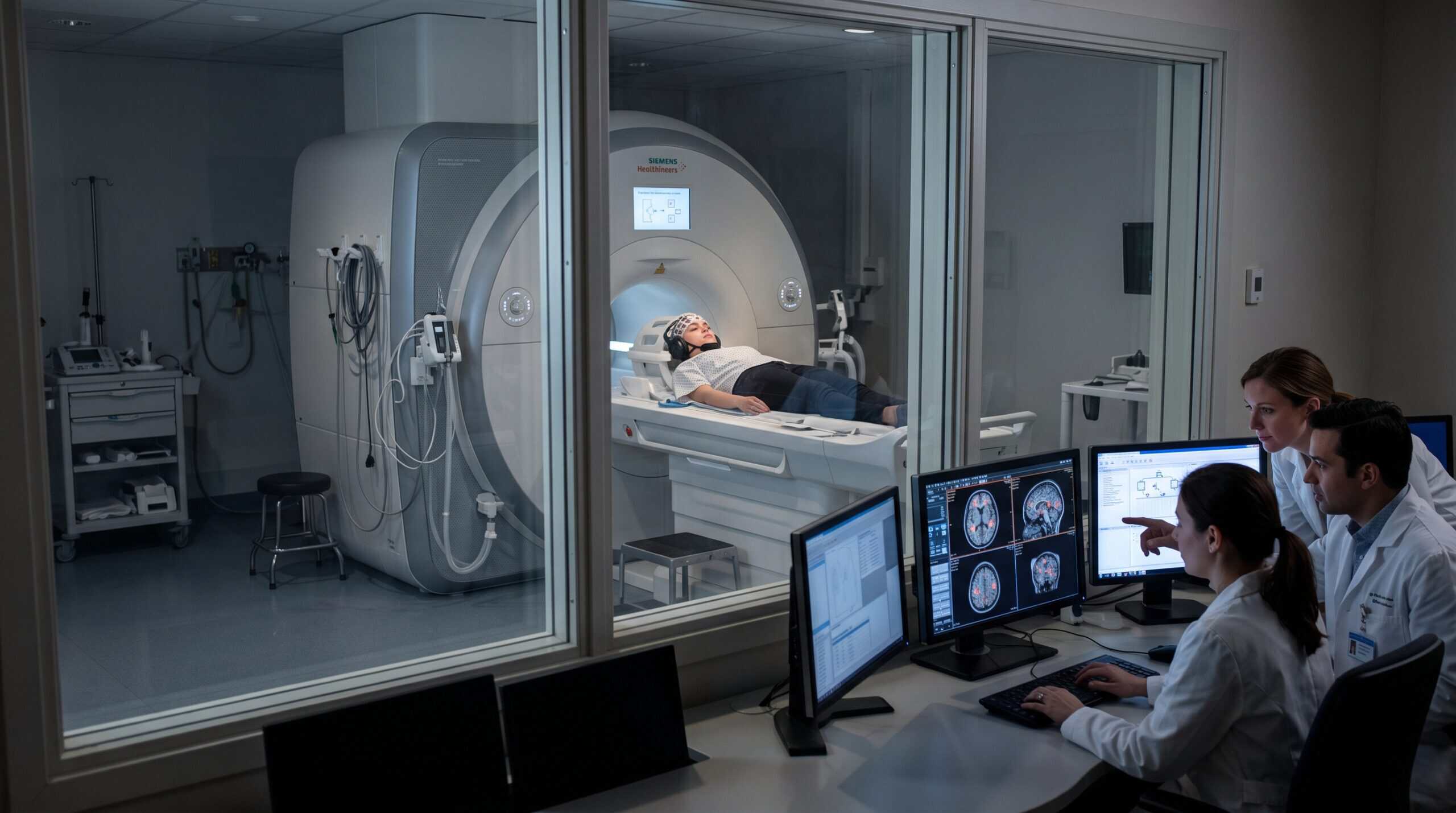 Researchers monitor a participant undergoing brain imaging while studying human brain signals