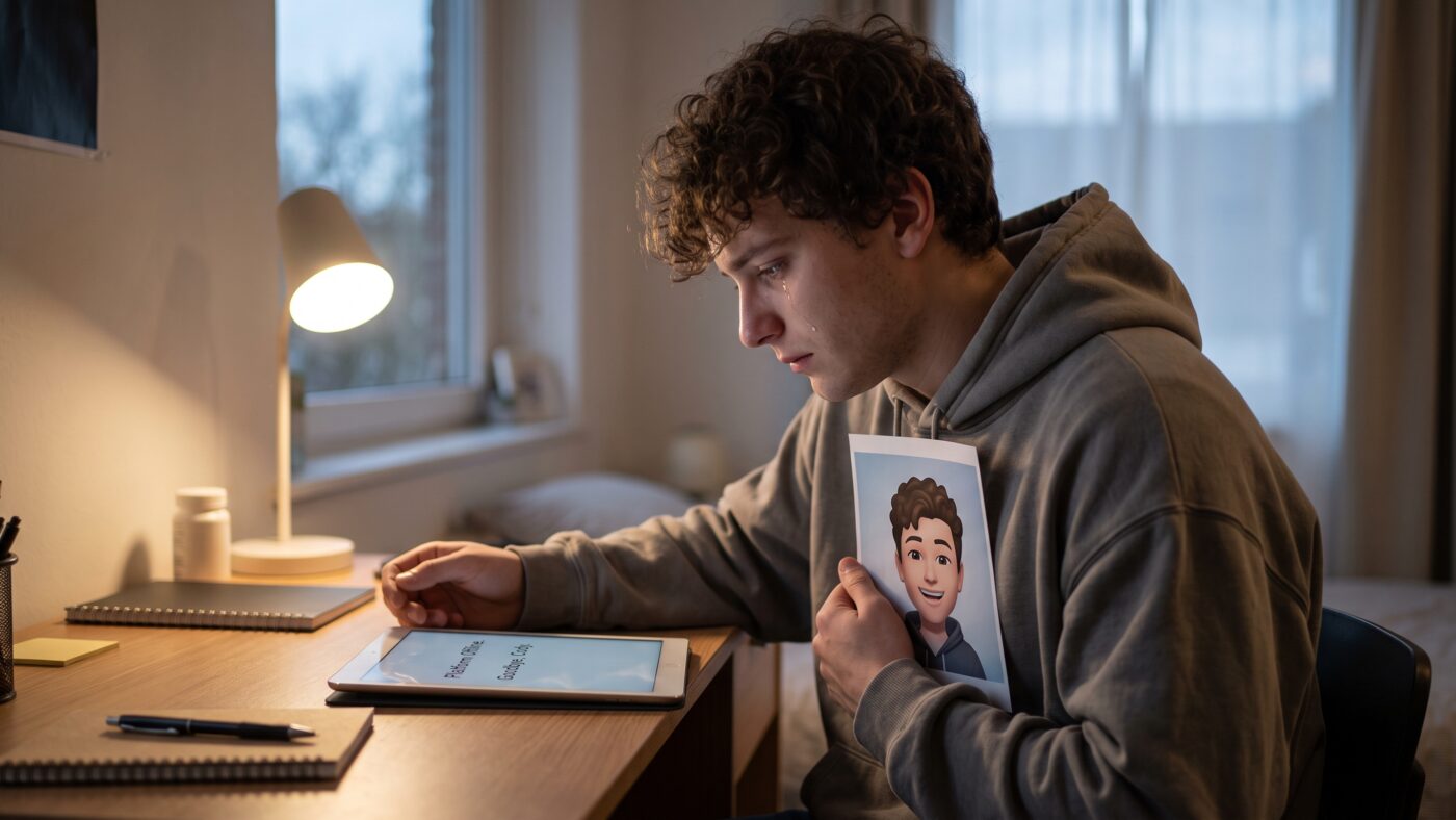 A grieving young man holds an image of an AI avatar while looking at a tablet