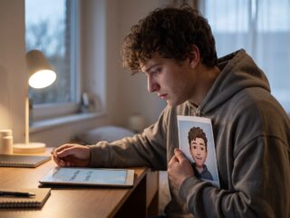 A grieving young man holds an image of an AI avatar while looking at a tablet