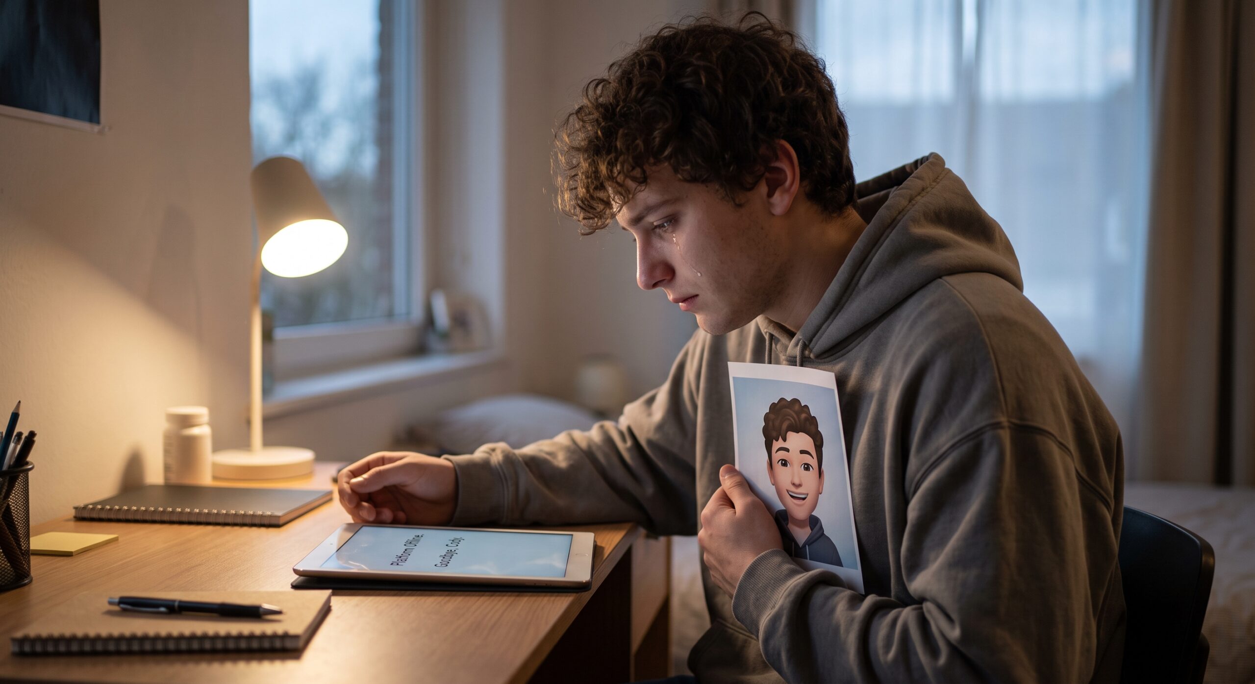 A grieving young man holds an image of an AI avatar while looking at a tablet